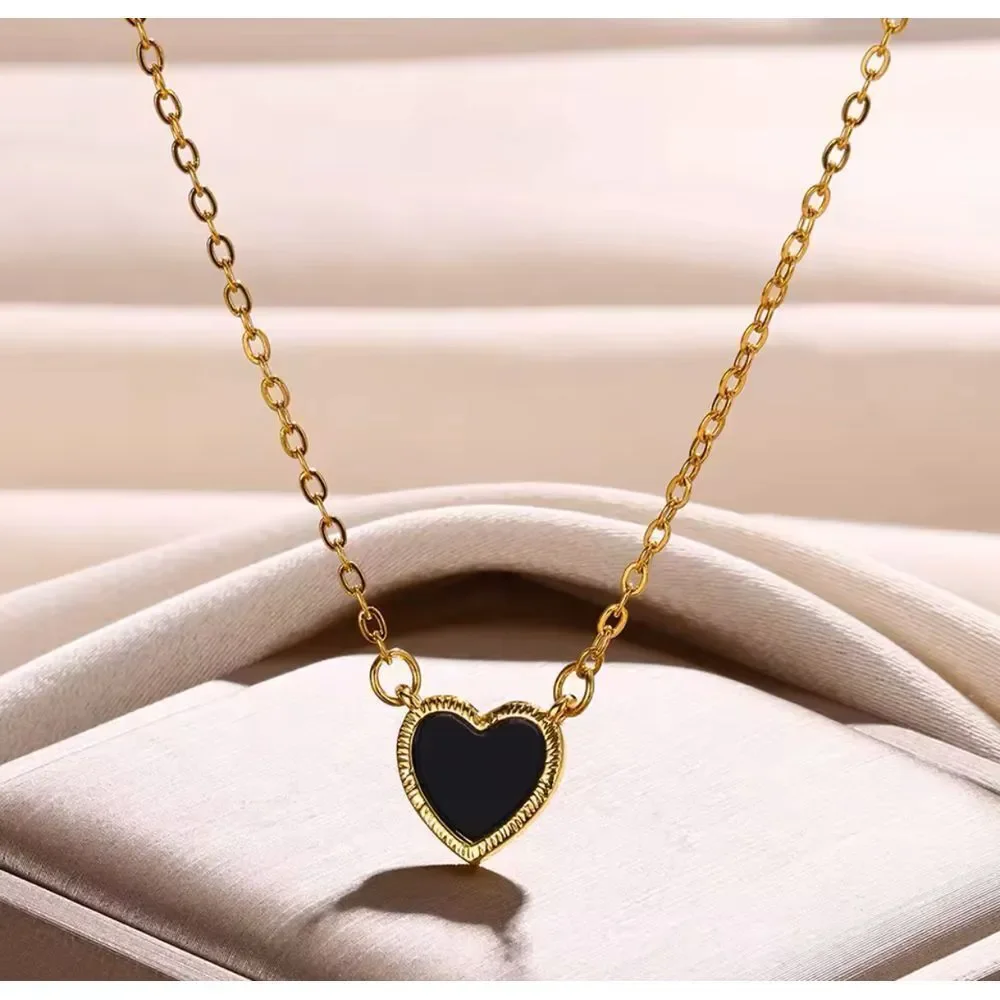 Dainty Gold Heart‎ Pendant Necklace Black Enamel Chain Minimalist Jewelry 38+7cm